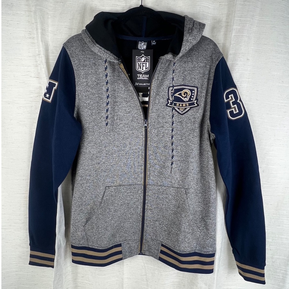 NFL Team Apparel NWT Los Angeles Rams Full Zip Hoodie Grey Navy Blue.Mens Medium